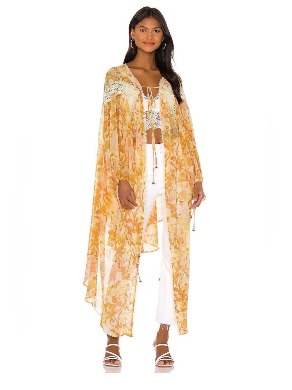 Free People Lost In Love Yellow Floral Sheer Kimono Size XS/Small
